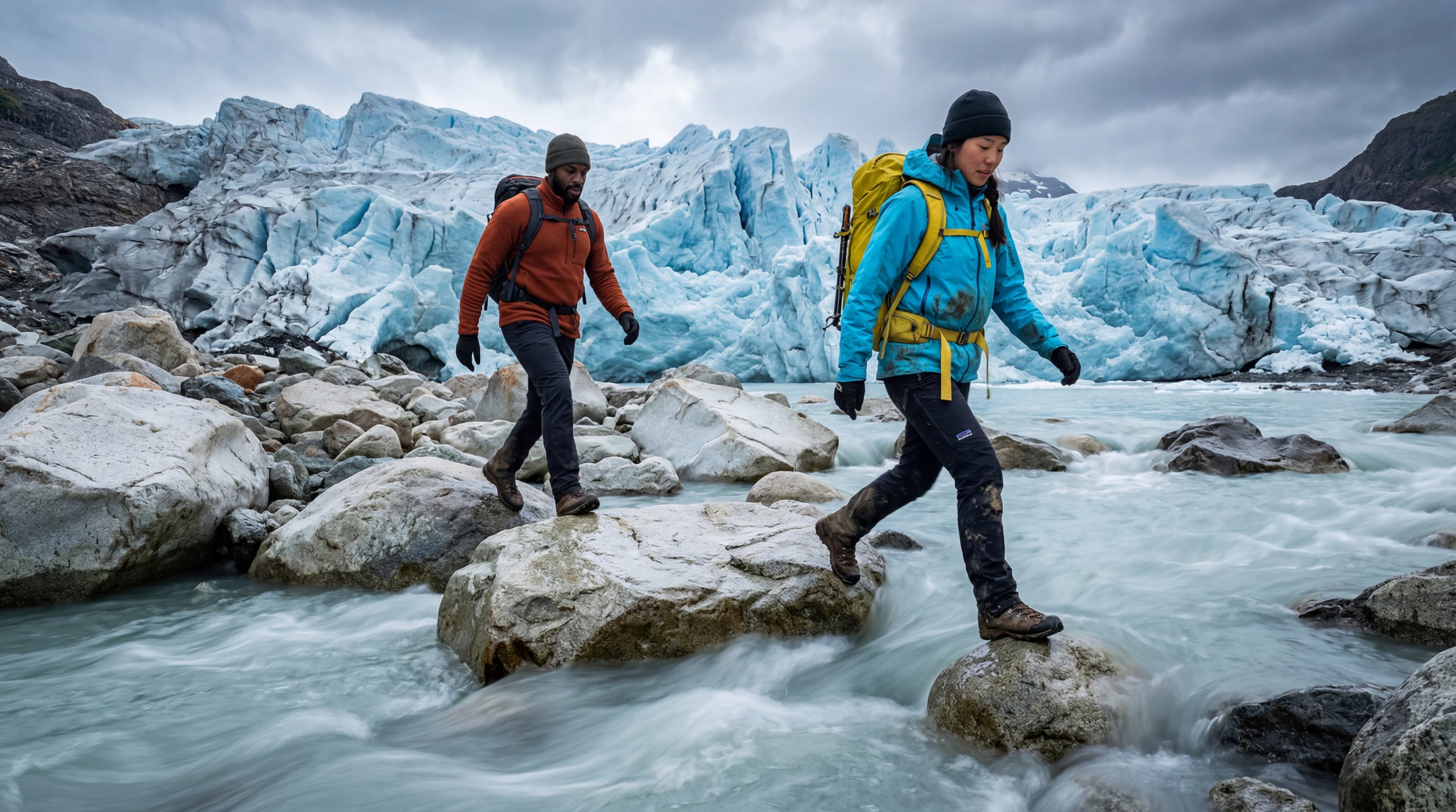 AI-generated brand content: two hikers on an ice trail matching outdoor adventure brand aesthetic