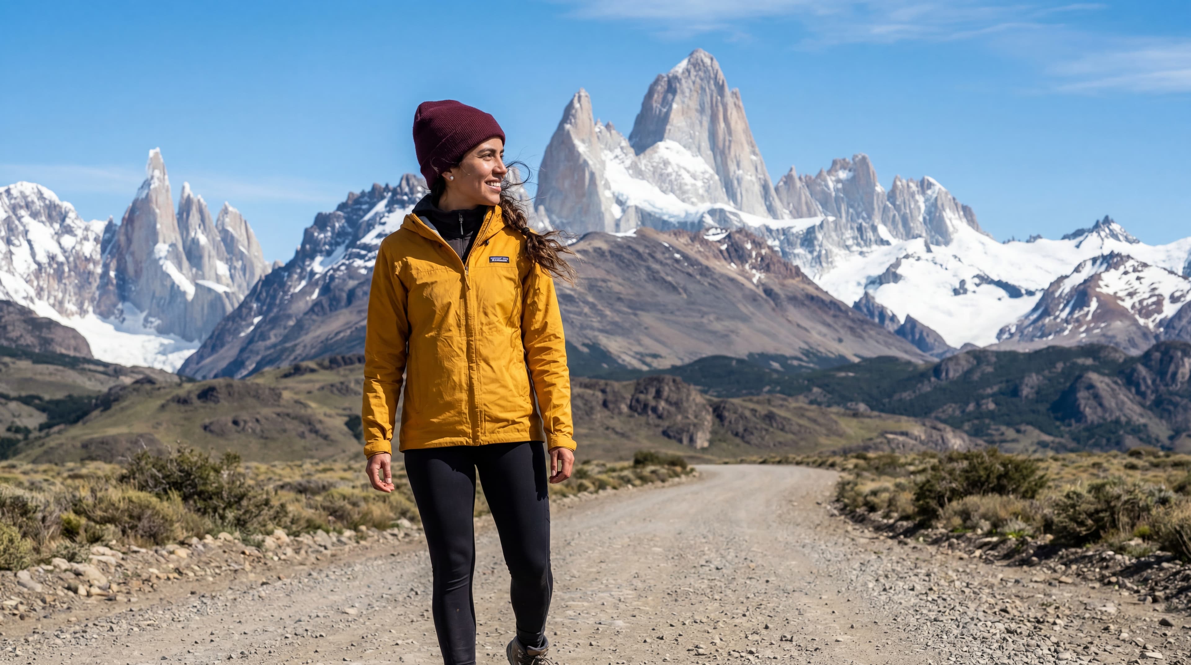 AI-generated outdoor photography: mountain road landscape in Patagonia visual style